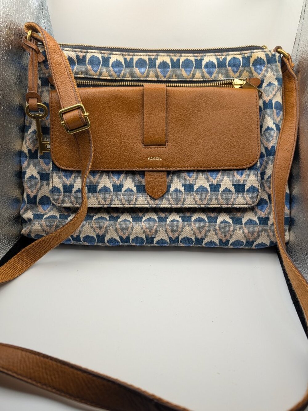 Fossil Kinley Blue Print Crossbody Purse